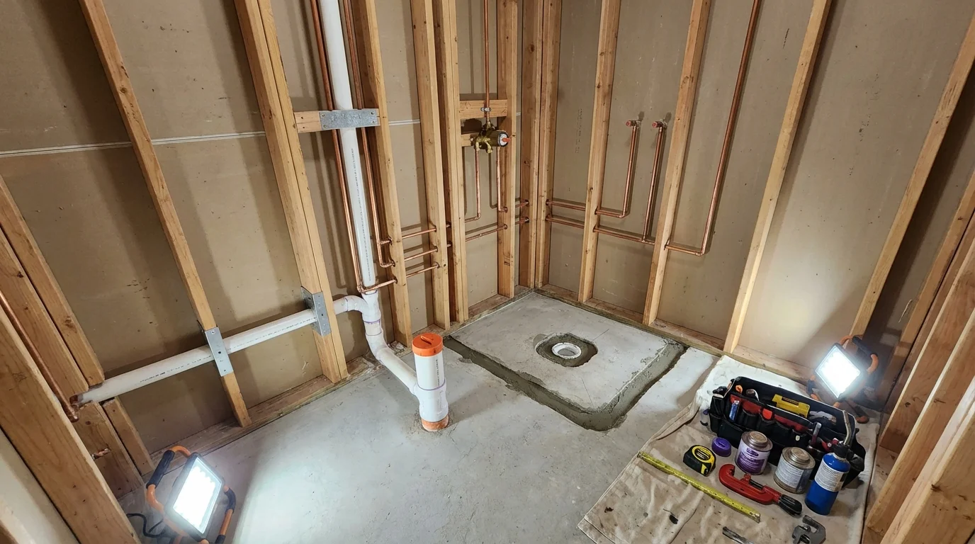 Bathroom rough-in plumbing during remodel by Johns Plumbing LLC in North Prairie