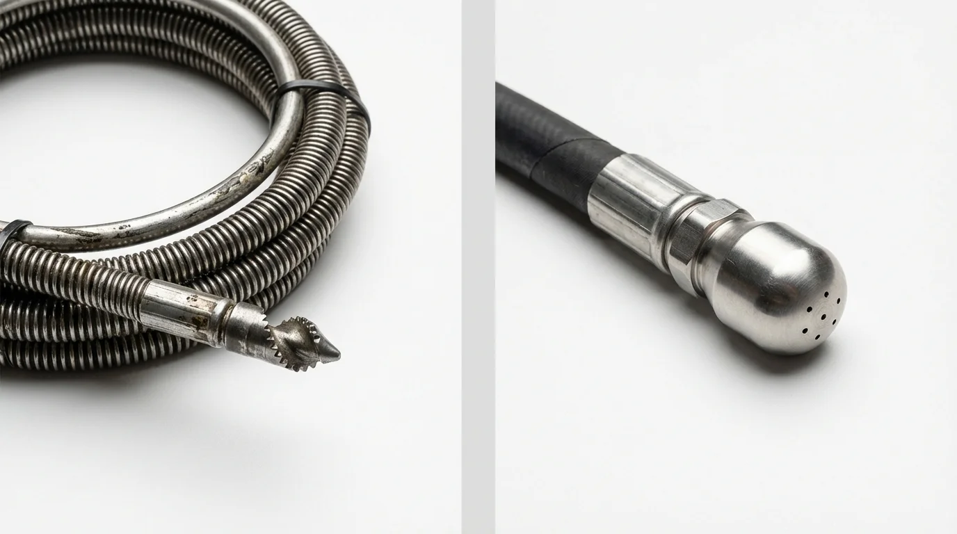 Drain snake cable and hydro jetting nozzle used for drain cleaning in North Prairie, WI