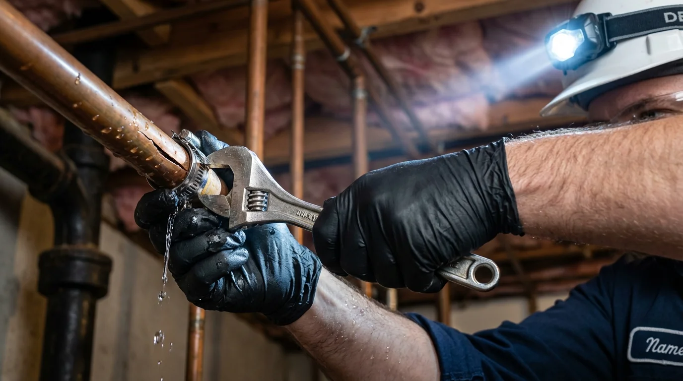 Emergency pipe clamp repair being performed by a Johns Plumbing LLC plumber in North Prairie