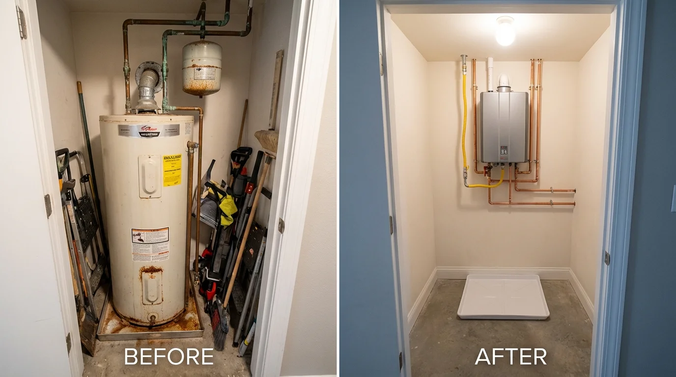 Tank water heater versus wall-mounted tankless unit comparison for North Prairie, WI homeowners