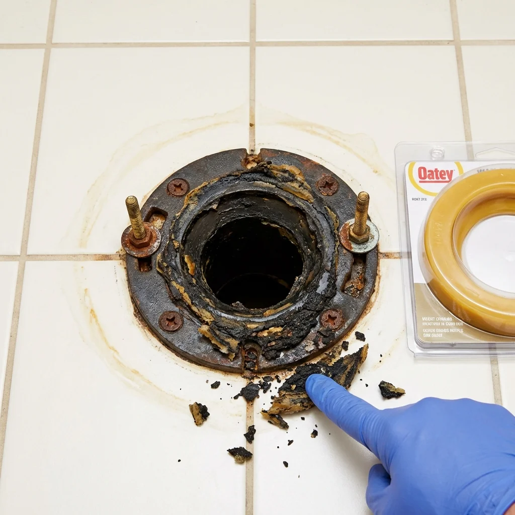 Failed wax ring showing water seepage at the base of a toilet in a North Prairie, WI home