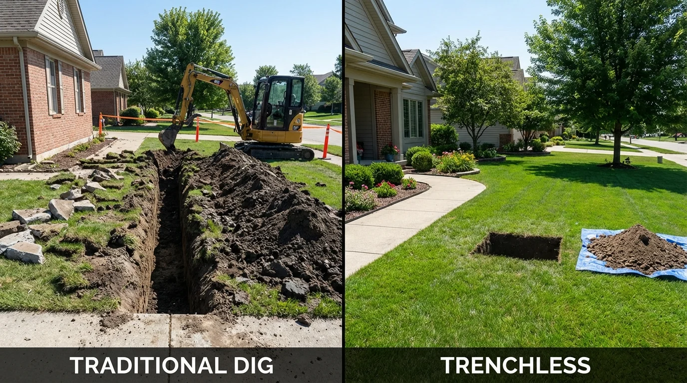 Trenchless sewer repair with minimal yard damage versus traditional excavation in North Prairie, WI