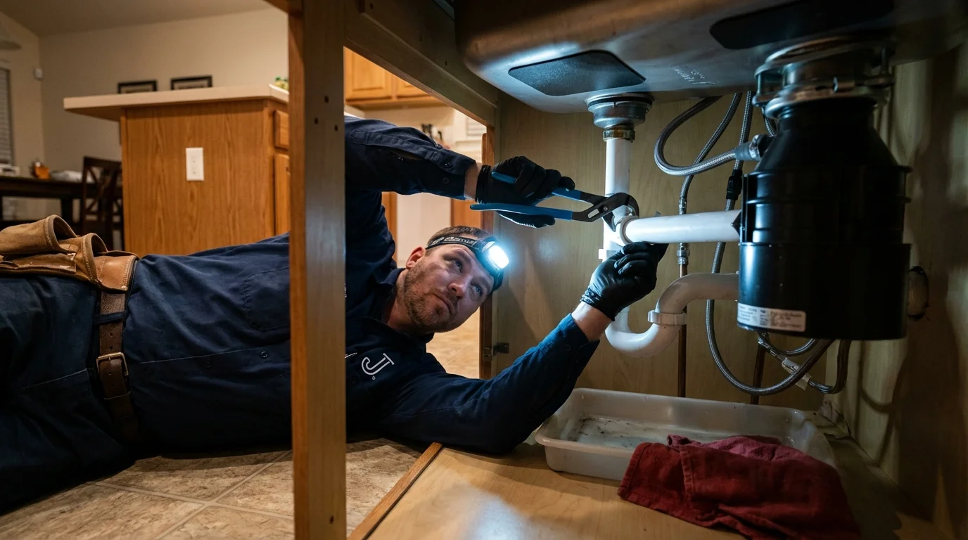 P-trap and supply line connections under a kitchen sink showing a common leak point in North Prairie, WI